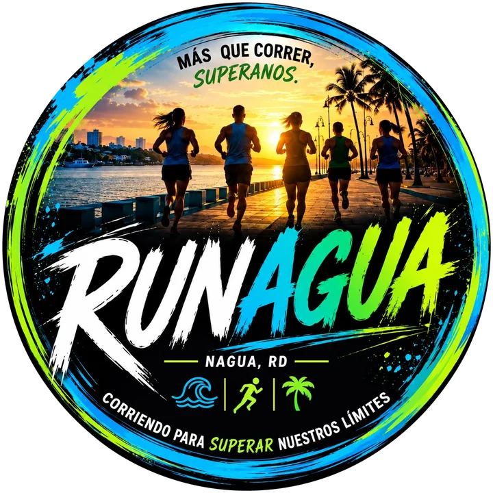 Logo de RUNAGUA: corredores en el malecón de Nagua al atardecer